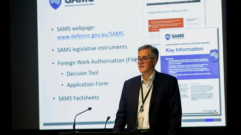 First Assistant Secretary for Defence Security Peter West speaks at the SAMS launch.