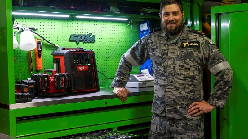 Marine Technician Leading Seaman Billy O’Grady with equipped toolboxes on board HMAS Adelaide. Photos: Corporal Jacob Joseph
