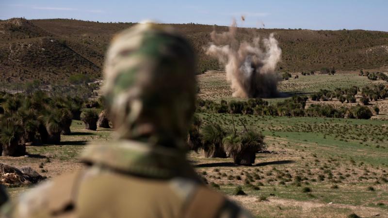 A Joint Explosive Ordnance Support - West member watches the blast of an explosive ordnance disposal tasking on farmland in Two Rocks, Western Australia.