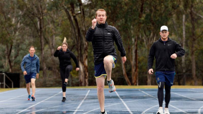 Flight Lieutenant Ryan Mostyn conducts sprint drills during the Warrior Games 2024 Team Australia training camp at the Australian Institute of Sport, Canberra. 