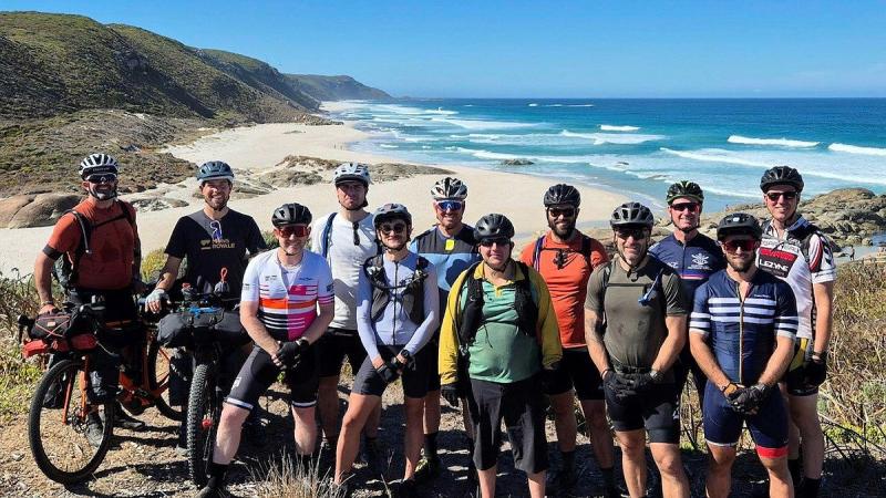 Members of HMAS Stirling rest at Lights Beach on Western Australia's south coast while riding the Munda Biddi Trail.