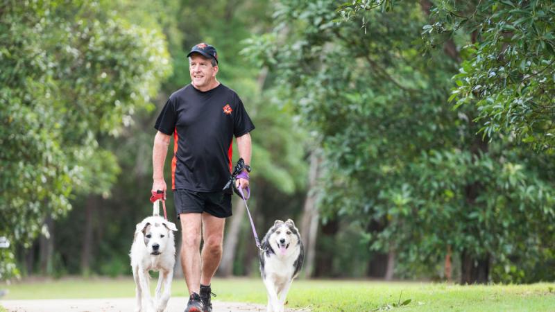 Mr Laurie Wallace, formation safety officer for Headquarters 6th Brigade, walking his family dogs Patch and Zelda around their north Brisbane suburb.