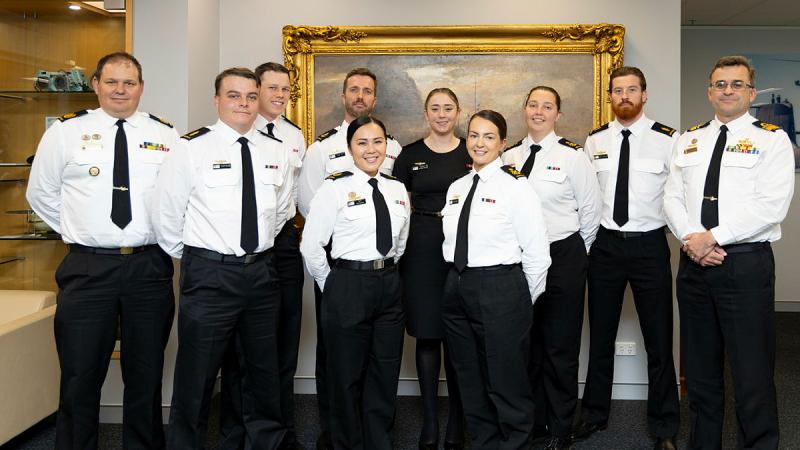 Deputy Chief of Navy Rear Admiral Jonathan Earley, right, and Warrant Officer of the Navy Andrew Bertoncin, left, with nominees from the inaugural Sailor of the Year program at Russell Offices, Canberra. 