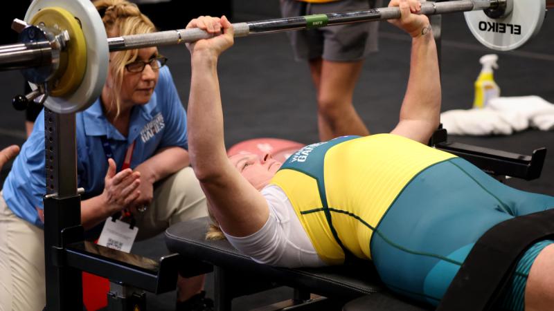 Sue Osborn, of Team Australia, competes during in the women's powerlifting competition at the Warrior Games 2024. Photo: Flight Sergeant Ricky Fuller
