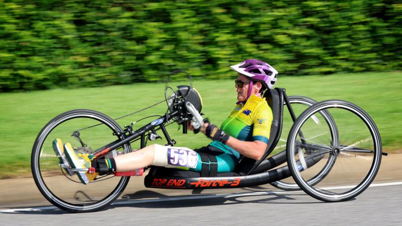 Team Australia's Diane Jackson competes in the women's recumbent cycling at the Warrior Games 2024, held in Orlando, Florida, USA. Photo: Flight Sergeant Christopher Dickson.