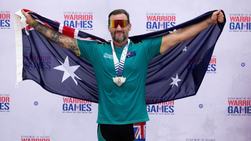 Nigel Coutts celebrates wining silver in the men’s road race during the cycling events at the 2024 Warrior Games at ESPN Wide World of Sports Complex, Florida USA. Photo: Flight Sergeant Ricky Fuller.