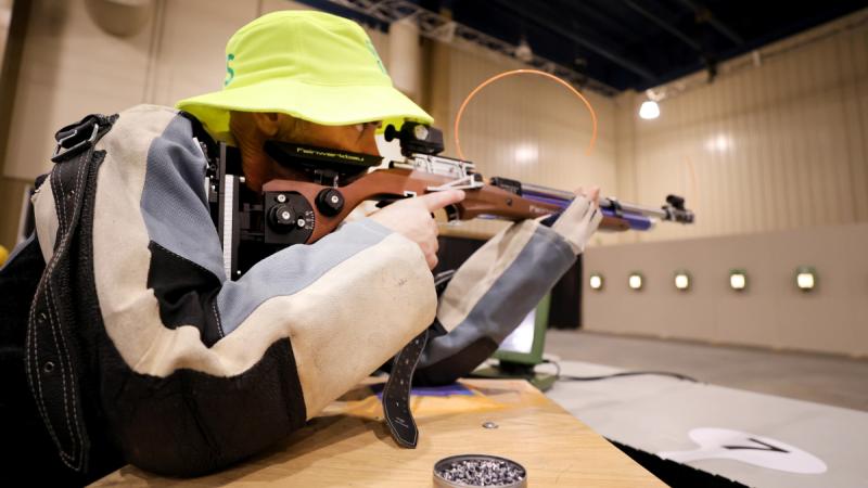 Petty Officer Justin Brown competes in the precision air shooting event at the Warrior Games 2024, held in Orlando, Florida, USA. Photo: Flight Sergeant Christopher Dickson.