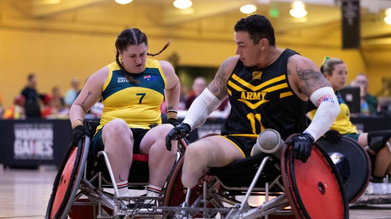 Warrior Games 2024 competitor Georgia Murrell defends against a Team Army competitor during a wheelchair rugby match at the ESPN Wide World of Sports Complex, Florida USA. Photos: Flight Sergeant Ricky Fuller.