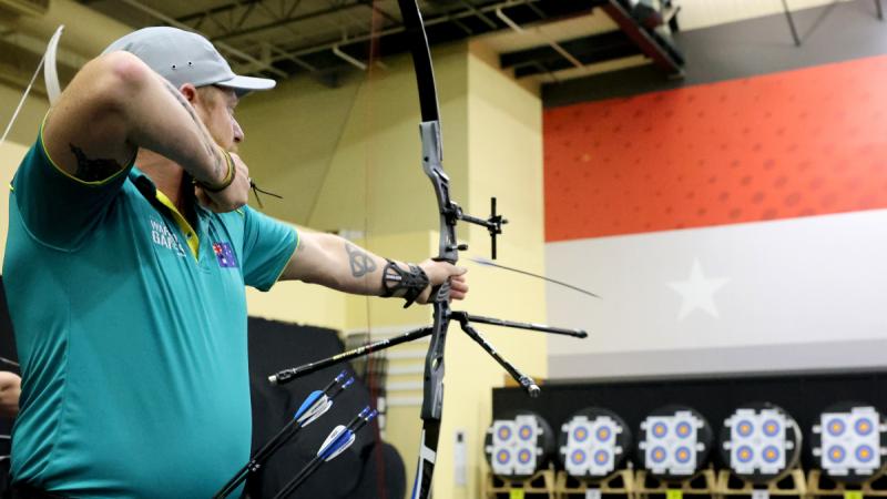 Team Australia's Damien Batty fires an arrow as he competes in the archery event at the Warrior Games in Orlando, Florida, US. 