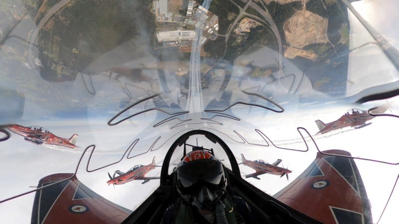 The RAAF Roulettes aerobatic display team fly over the Central Coast Airshow.