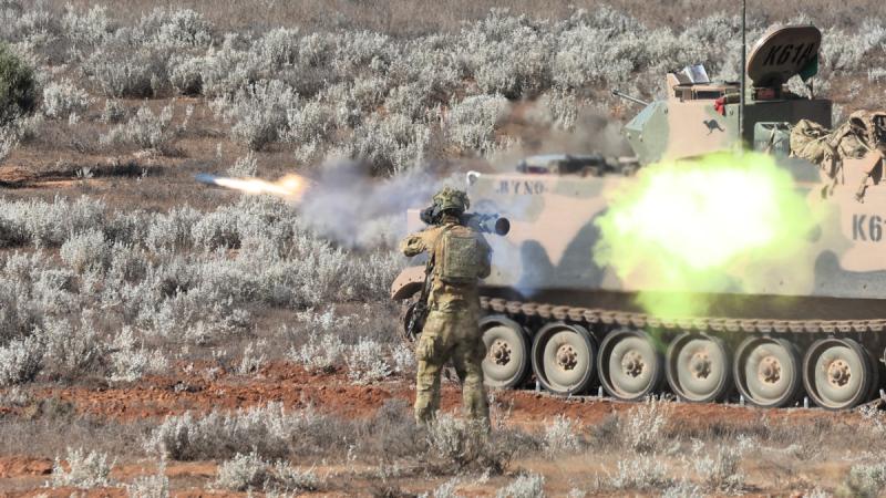 An Australian Army soldier fires an M3 Carl Gustav during the culminating activity on Exercise Rhino Run, Cultana Training Area, South Australia.