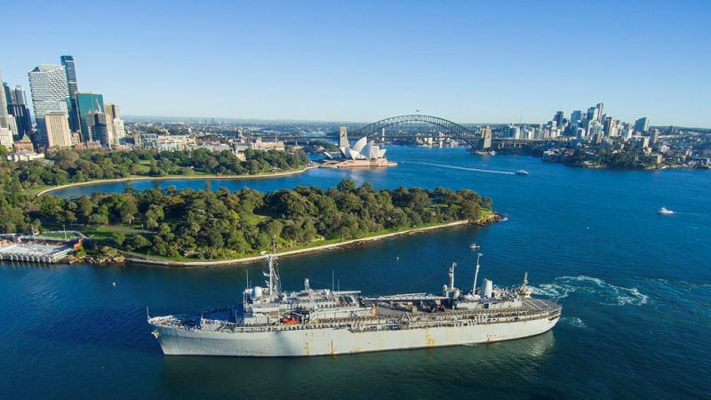 US Navy submarine tender USS Emory S. Land arrives at Fleet Base East, Sydney, as part of its Australia tour. Photo: Warrant Officer Shane Cameron