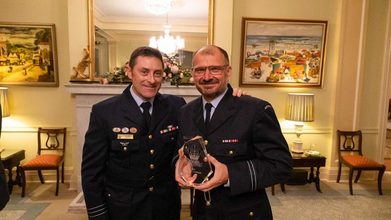 Flight Lieutenant Nicholas O’Connor, right, with 464 Squadron Commanding Officer Wing Commander Peter Croce, after receiving his Prince of Wales Award. 