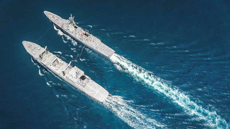 HMAS Hobart conducts a replenishment at sea with JMSDF Hamana in the East China Sea as part of a Regional Presence Deployment. Photos: Leading Seaman Matthew Lyall