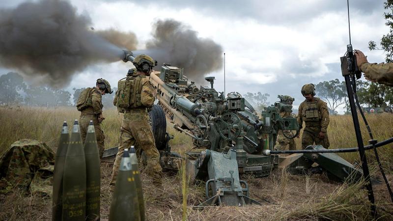 Soldiers from 4th Regiment, Royal Australian Artillery fire the M777A2 howitzer during a Danger Close activity for Exercise Chau Pau in the Townsville Field Training Area.