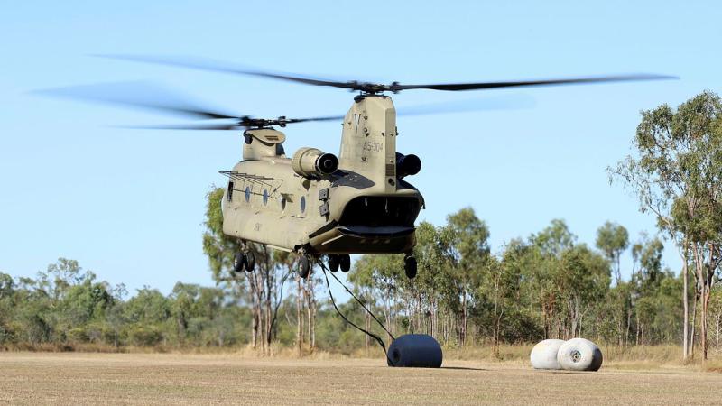 A 5th Aviation Regiment CH-47F Chinook helicopter conducts external aviation transport training at Donnington Airpark near Townsville.