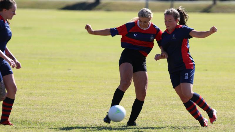 The Australian Army South East Queensland women's football team playing against the British Royal Engineers Association Football Club, at Gallipoli Barracks, Brisbane.