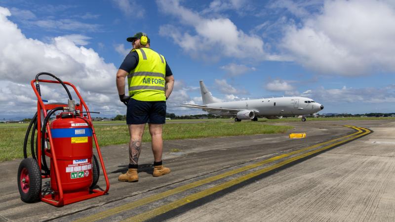 A P-8A Poseidon from 11 Squadron taxis on the runway during Operation Gateway at Royal Malaysian Air Force Base Butterworth.