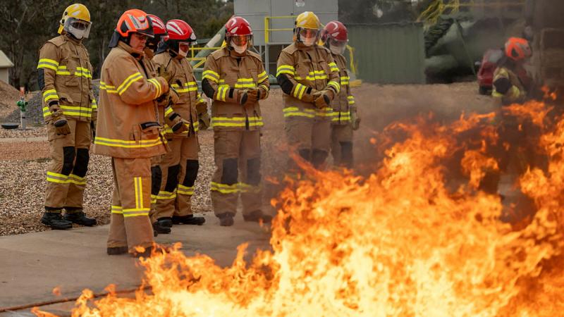 Army Logistic Training Centre petroleum operators begin fire training under Country Fire Authority instruction at the Huntley Victorian Emergency Management Training Centre.