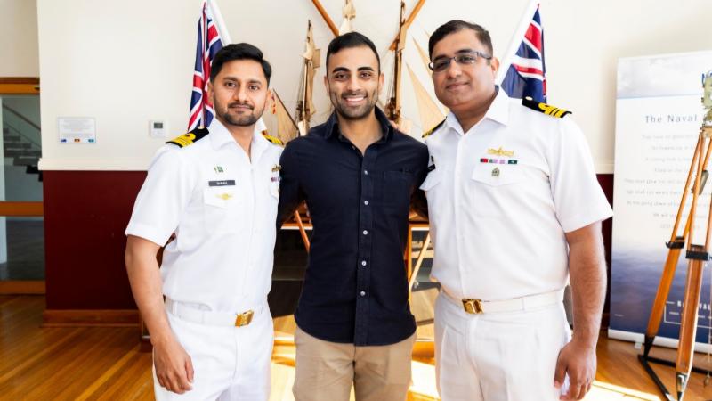 Lieutenant Hassan Ahmad from the Culturally and Linguistically Diverse Reference Group with two members from the Pakistani Navy in Australia on exchange.