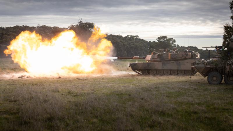 Australian Army M1A1 Abrams tank firing during Exercise Gauntlet Strike in Puckapunyal.
