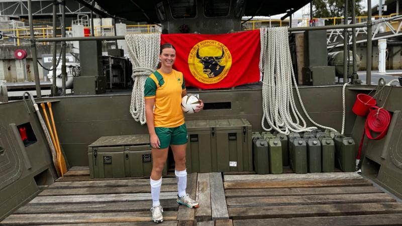 Lance Corporal Kizanne Mulder posed in Futsal uniform on an LCM-8 from 10th Force Support Battalion , two weeks prior to her departure to the United States.