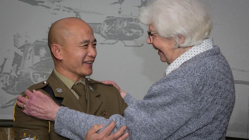 Former Air Force Nursing Officer Val Lawrence, meets Warrant Officer Class One Darren Wasley at the War Veterans’ Home at Myrtle Bank in South Australia. 