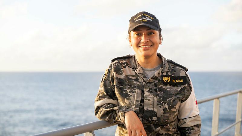 Able Seaman Suliana Kami on board HMAS Choules as the ship travels off the coast of Tonga during a regional presence deployment. Photo: Able Seaman Lucinda Allanson