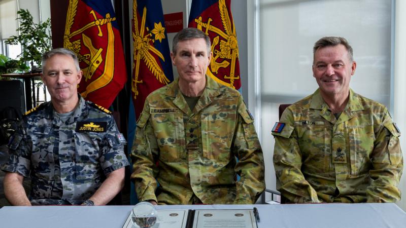 From left, Vice Admiral Justin Jones, RAN, Chief of the Defence Force General Angus Campbell and Lieutenant General Greg Bilton during the Headquarters Joint Operations Command handover ceremony at General John Baker Complex, Bungendore, on July 5.