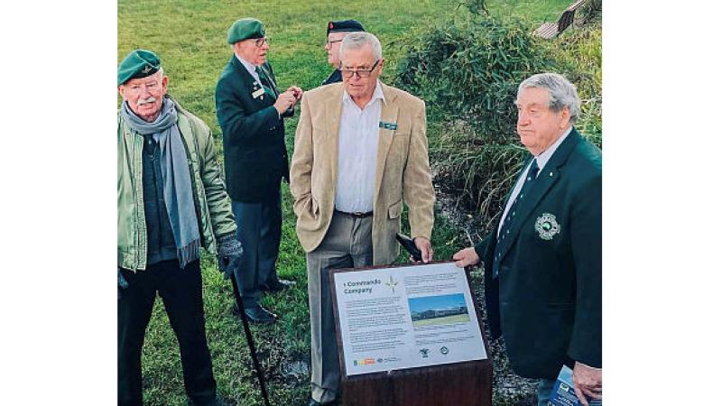 Former members of 1 Commando Company, from left, National Secretary Airborne and Special Forces Association Mr Pat Doherty, President 1 Commando Association Mr Merv Liddell and Chairman of Operation Pilgrimage Group Mr Allan Miles at the unveiling of the new heritage marker at the company barracks, Georges Heights, Sydney.