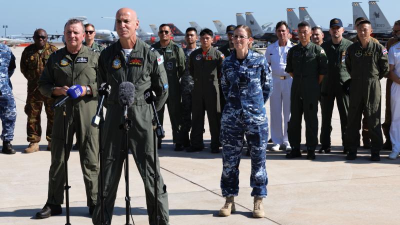 Head of Air Shows Royal Australian Air Force, Air Commodore Micka Grey talks during the media launch event for the start of Exercise Pitch Black held at RAAF Base Darwin. 