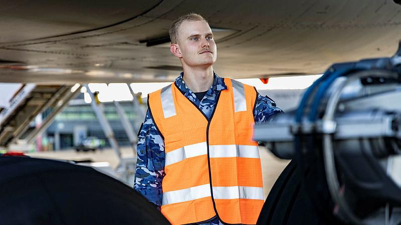 Aircraftman Samuel Ashton, part of the Aviation Operations Gap Year Program, on the the flight line at 33 Squadron, RAAF Base Amberley. 