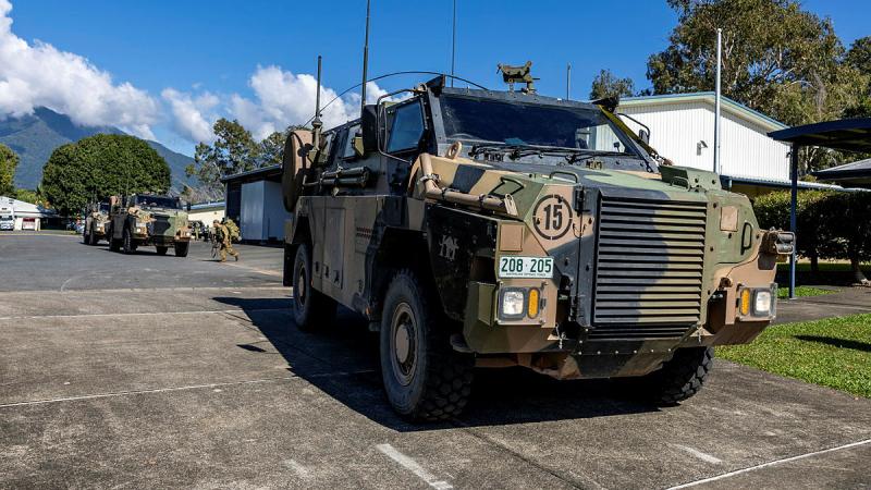 Soldiers from 11th Brigade move out from Porton Barracks in Cairns in their Bushmaster protected mobility vehicles at the start of Exercise Austral Shield.Australian Army soldiers from 11th Brigade move out from Porton Barracks in Cairns, Queensland, in their Bushmaster protected mobility vehicles at the start of Exercise Austral Shield 2024