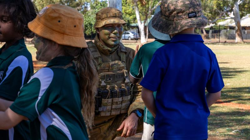 Trooper Lloyd McLauchlan returns to Derby District High School, which he used to attend, to talk to students as part of Exercise Austral Shield.