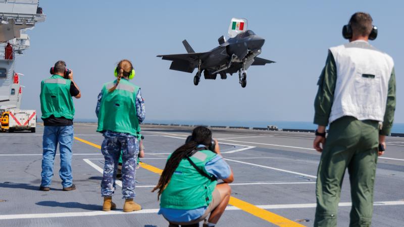 An Italian Navy F-35B Lightning II prepares to land on ITS Cavour while underway at sea during Exercise Pitch Black 24. 