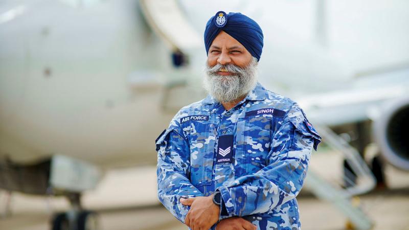 Sergeant Jagmeet Singh in front of a RAAF P-8A Poseidon at Indian Navy Air Station Rajali in Tamil Nadu, India during Indo-Pacific Endeavour 23.