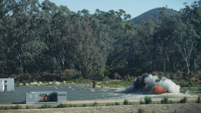 A Melbourne University Regiment part-time soldier detonates an M18A1 Claymore under the supervision of an instructor during the Land Combat Module conducted at Puckapunyal Military Training Area.