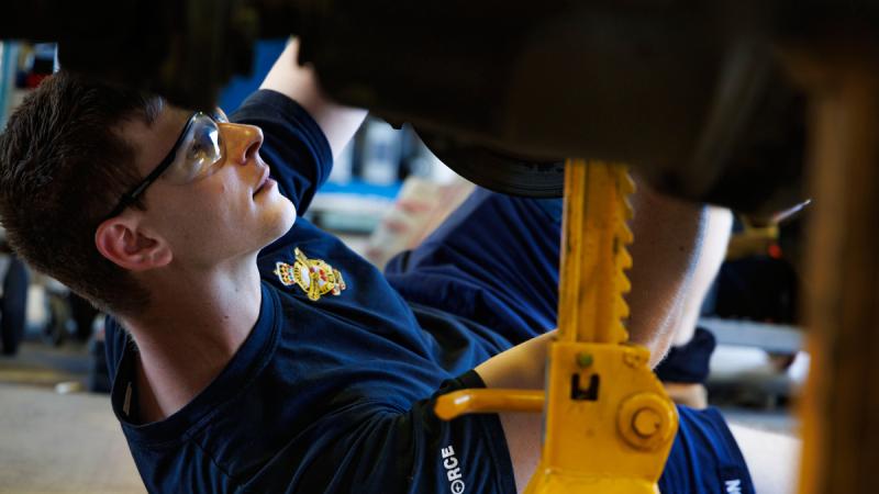 Leading Aircraftman Ryan Anderson, a ground support equipment technician in the mechanical equipment operations maintenance section workshop at RAAF Base Amberley.