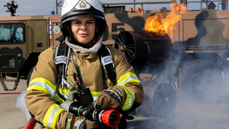 Leading Aircraftwomen Grace Jarvis, a fire fighter from 23 Squadron at RAAF Base Amberley, Queensland.