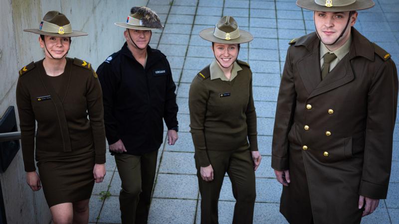 Australian Army soldiers wear the new winter uniforms around Russell Offices in Canberra.
