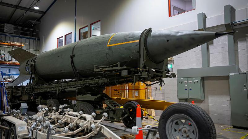 The Australian War Memorial's V2 rocket on a Meillerwagen launching trailer inside the memorial's storage hub in Mitchell, ACT.