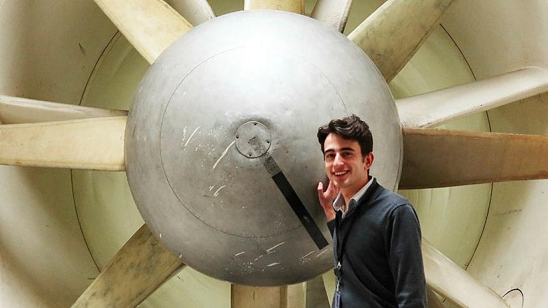 Graduate Oliver Loewenthal in a fan section of a wind tunnel at Defence Science and Technology Group, Fisherman's Bend