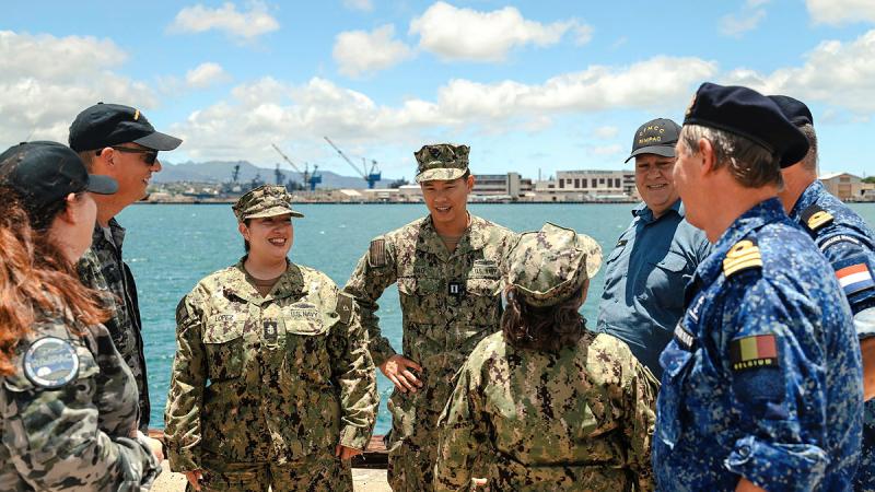  Pacific Warfighting Center's Naval Cooperation and Guidance of Shipping personnel from the Royal Australian Navy, United States Navy, Royal Canadian Navy, Royal Netherlands Navy and Belgian Navy during Exercise Rim of the Pacific, at Joint Base Pearl Harbor-Hickam, Hawaii. 