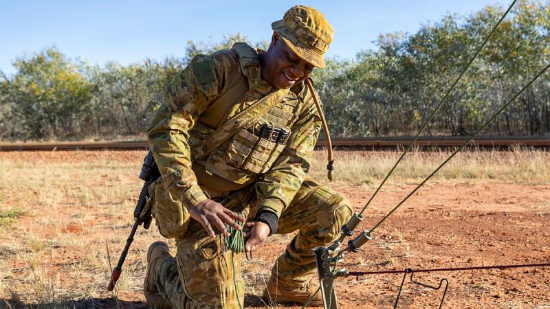 Australian Army communications systems operator Signaller David Muwandi from 109th Signal Squadron at RAAF Base Curtin, Western Australia, during Exercise Austral Shield 2024. 