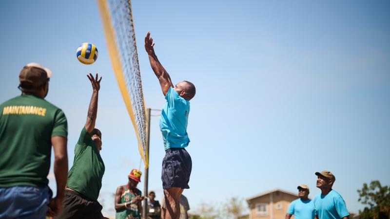 PNGDF Air Training Wing's Private Jackson Waimun blocks a shot from Private Nemuel Mamis during the PNGDF Sports Carnival finals held at Kiki Barracks, Port Moresby, PNG.