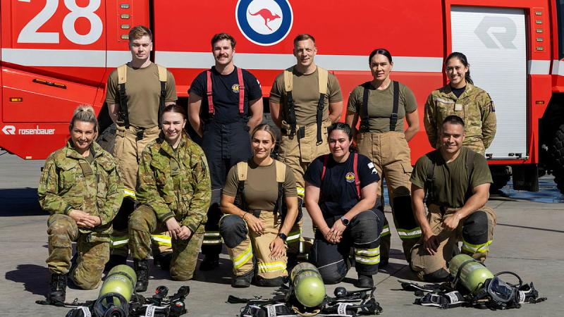 Firefighters from the Royal Air Force, RAAF and Royal New Zealand Air Force at RAAF Base Amberley, Queensland. 