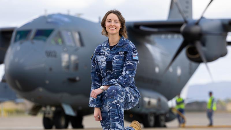 Flying Officer Jasmine Goode, a C-27J Spartan engineering governance manager, on the flight line at RAAF Base Richmond, NSW.