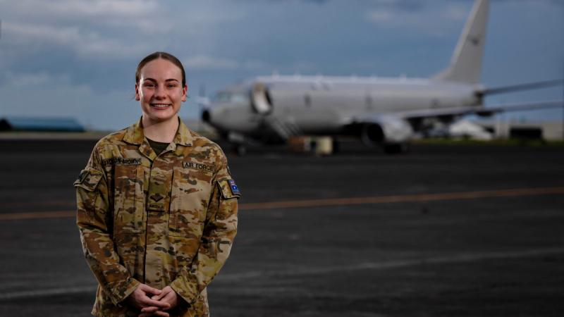 Royal Australian Air Force Leading Aircraftwoman Chloe Jackson-Brown from 1 Security Forces Squadron, provides security of the Royal Australian Air Force P-8A Poseidon Maritime Patrol Aircraft during the Maritime Cooperative Activity in Aug 2024.  
