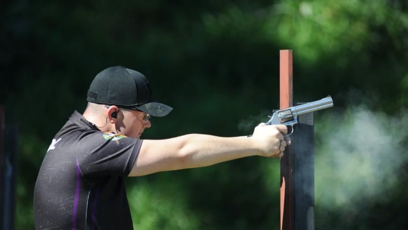 A member of the Army Sports Pistol Association during the 2024 Australian Police Service Pistol Championships, Brisbane.