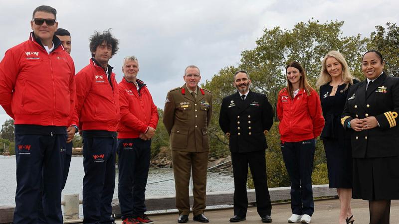  Australian Defence Force members and the crew of ‘Lo Spirito di Stella’ at HMAS Moreton during a welcome reception for the vessel at Brisbane.